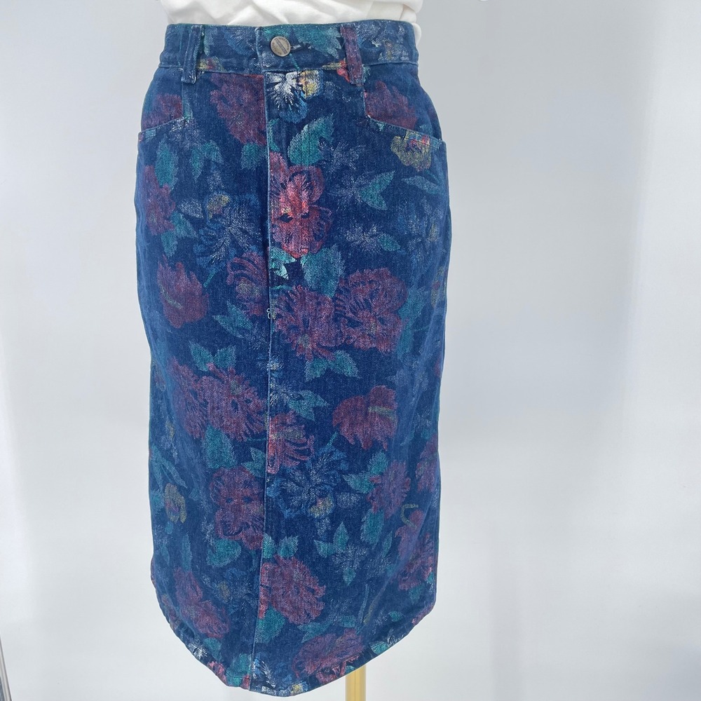 Vintage 90's Palmetto's Floral Denim Skirt Women's‎ Size 9 BlueJean Midi